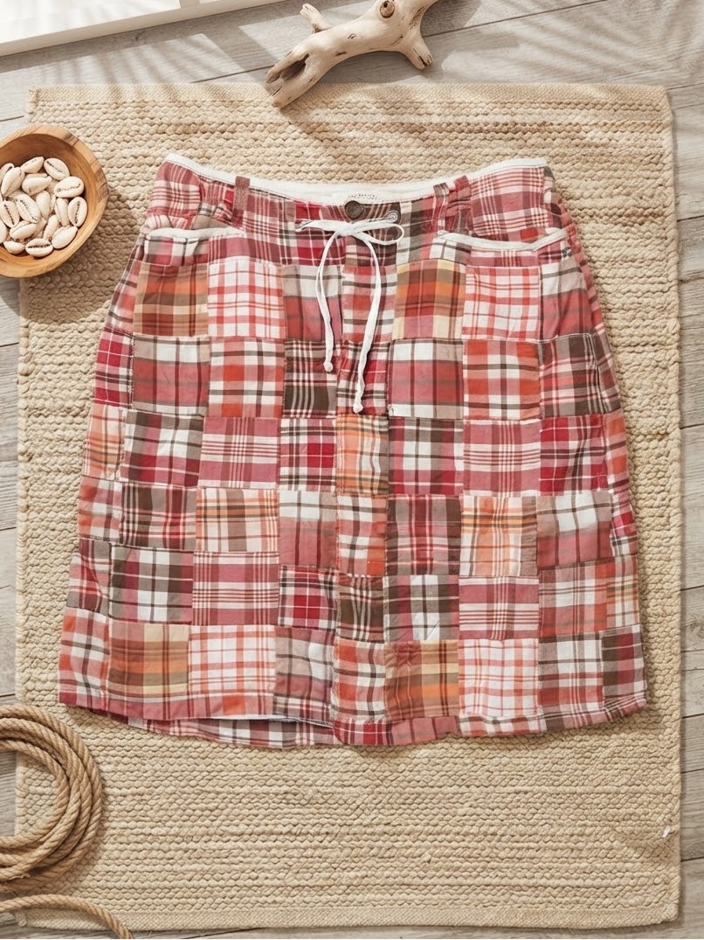 LIZ CLAIBORNE Y2K Pink & Brown Plaid Patchwork Drawstring Skirt | Pockets